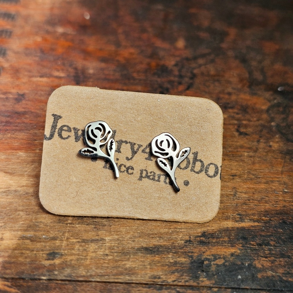 Black Rose Stud Earrings Women OS Floral Stainless Steel Goth Punk Edgy